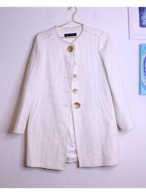 Zara Cream Tweed Long Coat - Small